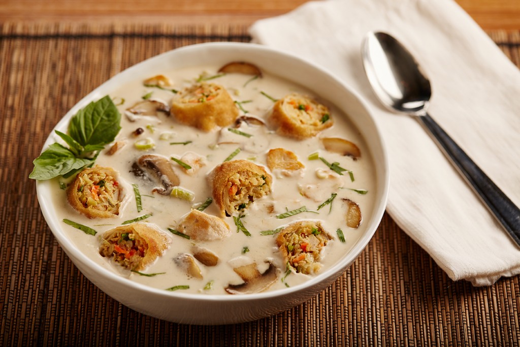 Thai Coconut Chicken Soup with Egg Rolls - Tom Kha Gail