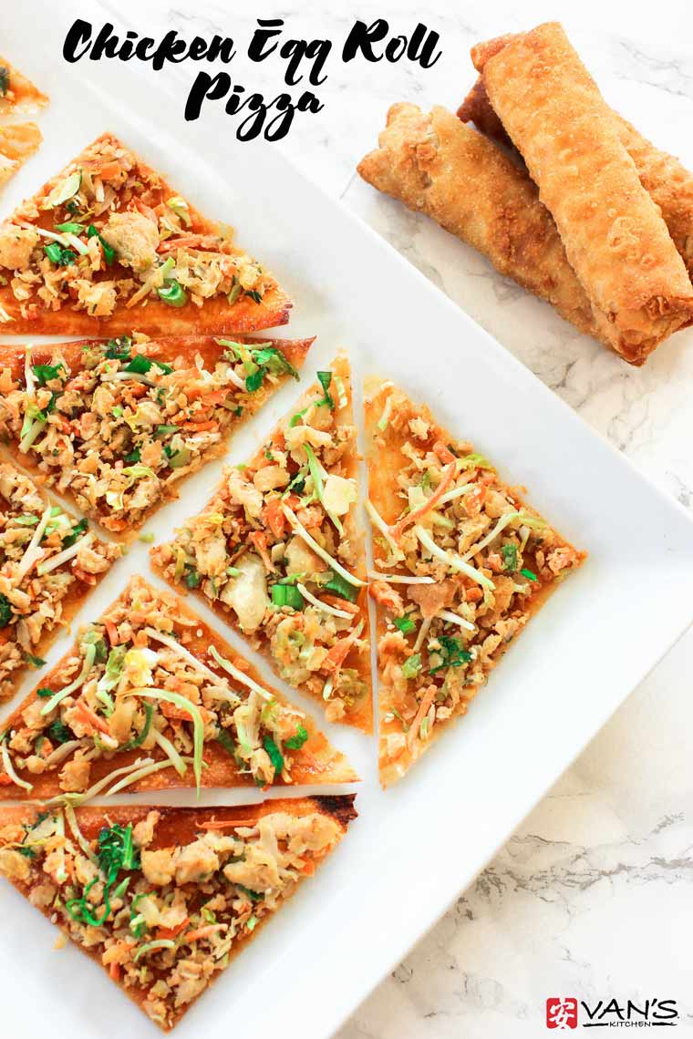 Make thin, crispy chicken egg roll pizza in only 10 minutes! It's a healthy and flavorful recipe that's perfect for weeknights or parties.