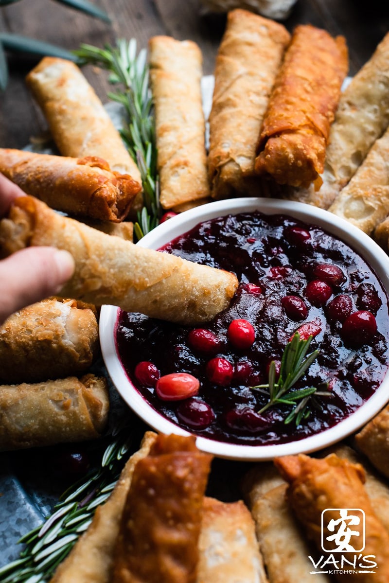 Egg Roll Holiday Wreath with Cranberry Sweet and Sour Sauce